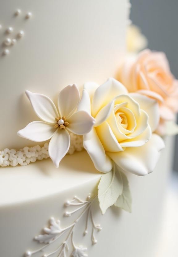 Dettaglio di decorazioni floreali su una torta nuziale.